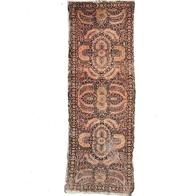 Name: ROSE CHAMPAGNE Artistic Worn Sarouk Runner | Botanical Dancing Flora Size: ~ 2.7 x 7.9 Age: Antique, C. 1930's Pile:...