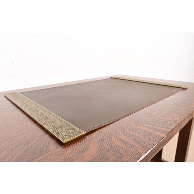 Art Deco Tiffany Studios New York "Adam" Pattern Bronze Doré Blotter Ends With Leather Desk Blotter For Sale - Image 3 of 9