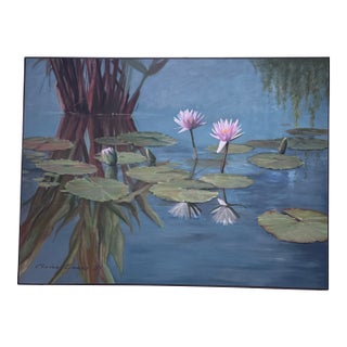 Large Impressionist Water Lily Pond Painting by Claire Evans, 48 X 36 For Sale