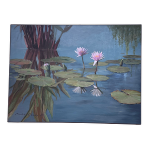 Large Impressionist Water Lily Pond Painting by Claire Evans, 48 X 36