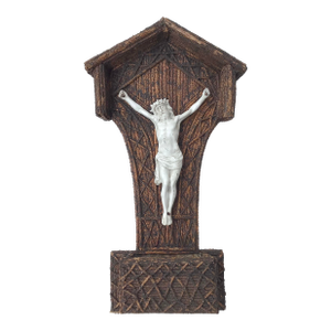 Late 1800s Twig Decorated Wall Pocket With Porcelain Crucifix
