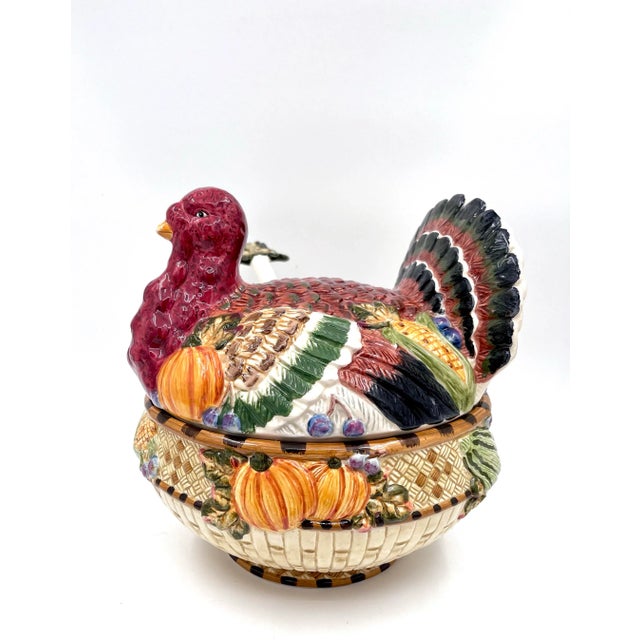 1990s Majolica Style Turkey Tureen Centerpiece With Lid and Ladle For Sale - Image 9 of 12