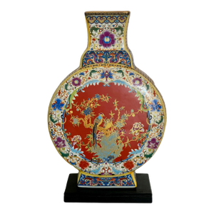 Intricate Chinese 'Yongzheng' Style Moon Vase With Red Ground, Flowers, Dragons and Dolphins With Wood Platform Stand