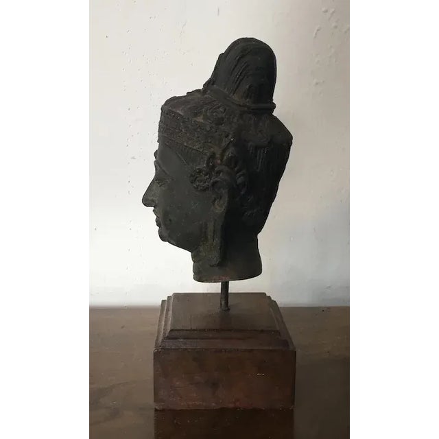 Antique Bronze Bust of Buddha Mounted on a Wood Stand For Sale In New York - Image 6 of 11