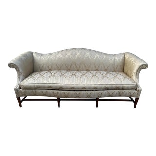 Scroll Arm Down Filled Camelback Sofa- Reupholstered in Golden Cream Damask Silk For Sale