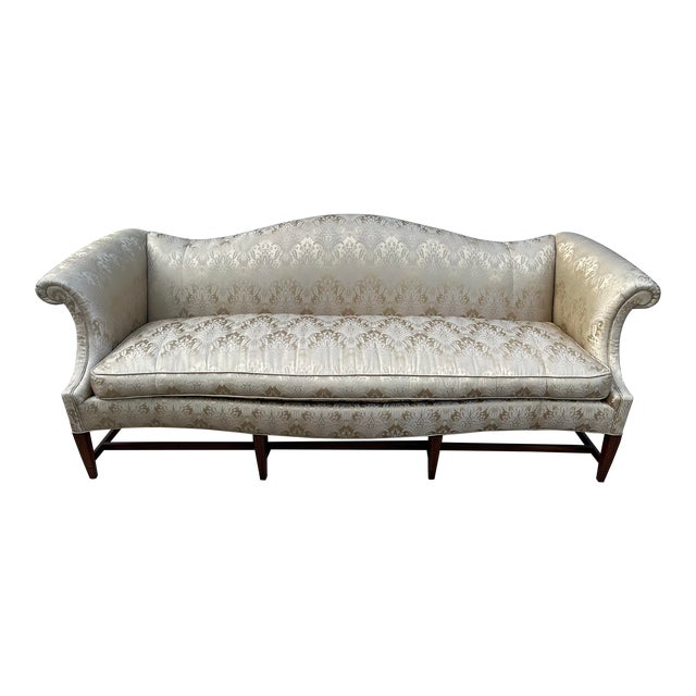Scroll Arm Down Filled Camelback Sofa- Reupholstered in Golden Cream Damask Silk For Sale