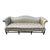 Scroll Arm Down Filled Camelback Sofa- Reupholstered in Golden Cream Damask Silk For Sale