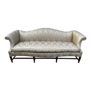 Scroll Arm Down Filled Camelback Sofa- Reupholstered in Golden Cream Damask Silk