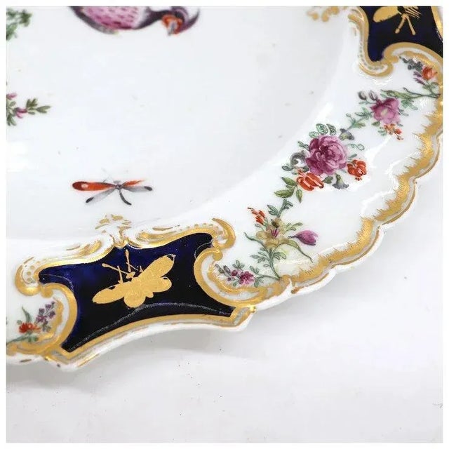Chelsea Porcelain English Chelsea Soft Paste Porcelain Exotic Bird Gilt and Mazarine-blue Plate For Sale - Image 4 of 9
