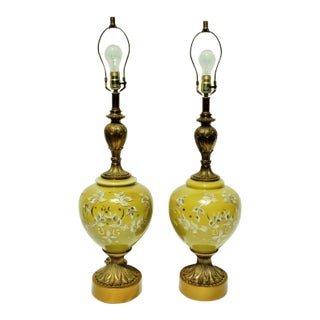 Large Mid Century Hand Painted Green Glass Gold Metal Table Lamps - a Pair For Sale