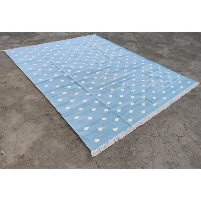 Handmade Cotton Pattern Leaf Pattern Rug, Sky Blue and White 8'x10' For Sale - Image 11 of 11