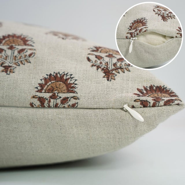 Modern Handmade Floral Print Decorative Cushion Cover in Pure Linen 14x14-Indrajeet For Sale - Image 3 of 4