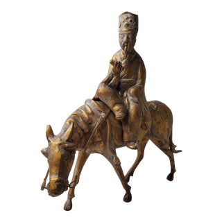 Early 20th Century Chinese Gilt Bronze Scholar Riding a Horse Sculpture For Sale
