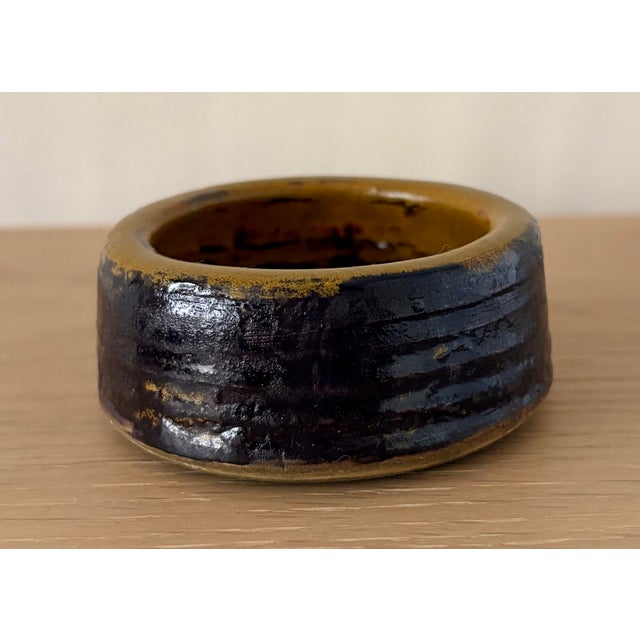 Ceramic Ring Dish in Brown and Ochre Glaze - Vintage Studio Pottery For Sale - Image 7 of 7