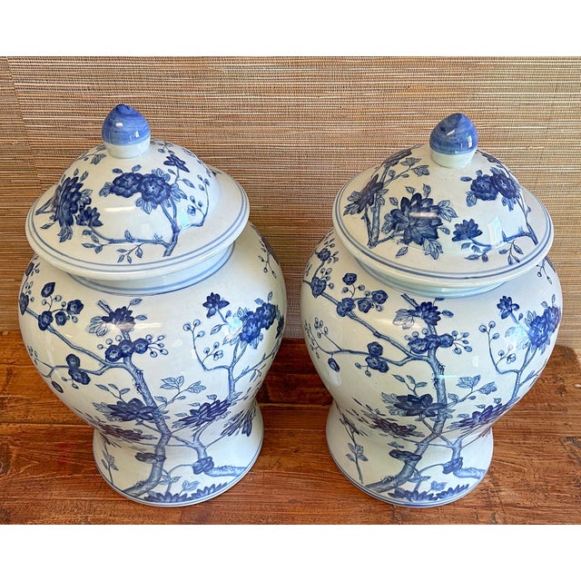 Chinoiserie Blue & White Cherry Blossom Ginger Jars - A Pair For Sale - Image 4 of 8