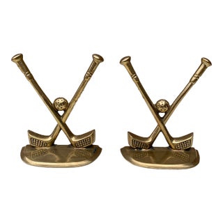 Vintage Cast Brass Double Golf Club Bookends, Pair For Sale