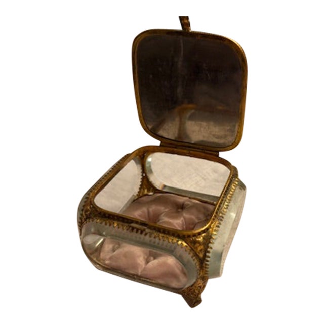Antique French Beveled Glass and Brass Jewelry Casket For Sale