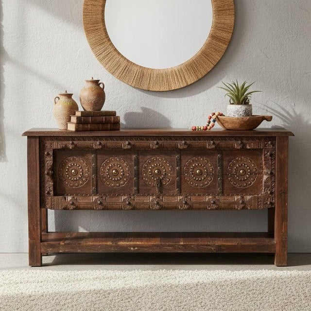 Antique Indian Carved Console Table With Floral Motifs & Brass Stud Detailing – Rustic Entryway Accent 63 For Sale In Orlando - Image 6 of 6