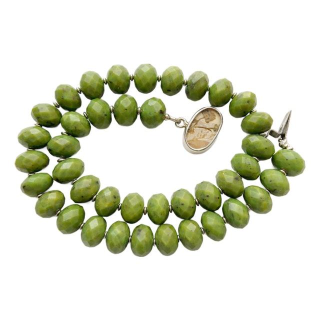 Canadian Nephrite Jade Necklace 19", With Unique Natural Herbarium Silver Clasp For Sale