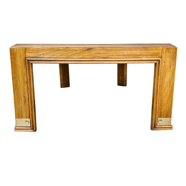 1980s Vintage Drexel Heritage Mid-Century Modern Oak Coffee Table With Brass Inlay & Beveled Glass For Sale - Image 5 of 9