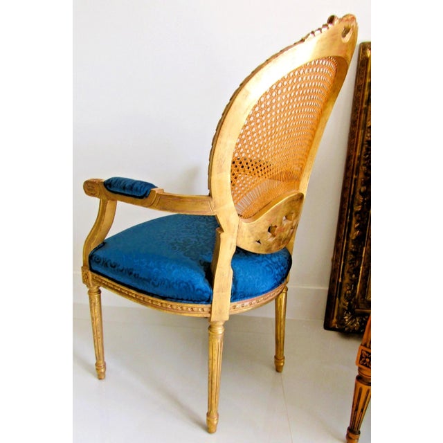 1940s French Louis XVI Style Fauteuil Chair Giltwood Frame Cane Oval Back Blue Fabric For Sale - Image 4 of 15