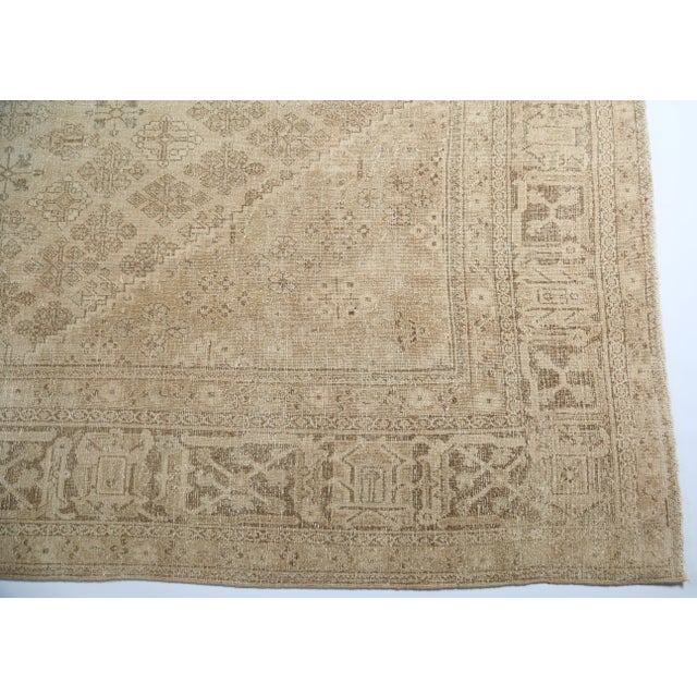 Mid 20th Century Antique Distressed Tribal Rug – Handwoven Wool on Cotton, Neutral Beige Geometric Medallion Area Carpet - 9' 8'' X 12' 7'' For Sale - Image 5 of 13