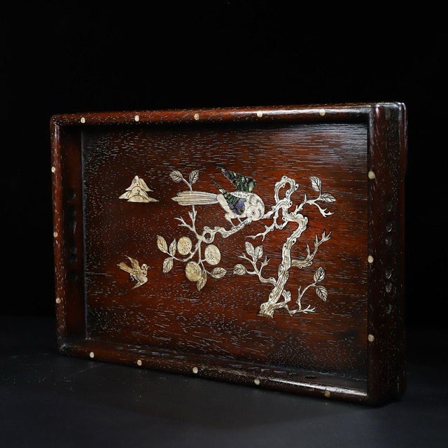 Traditional Wooden Tea Tray With Mother-of-Pearl Bird and Landscape Inlay For Sale - Image 3 of 9