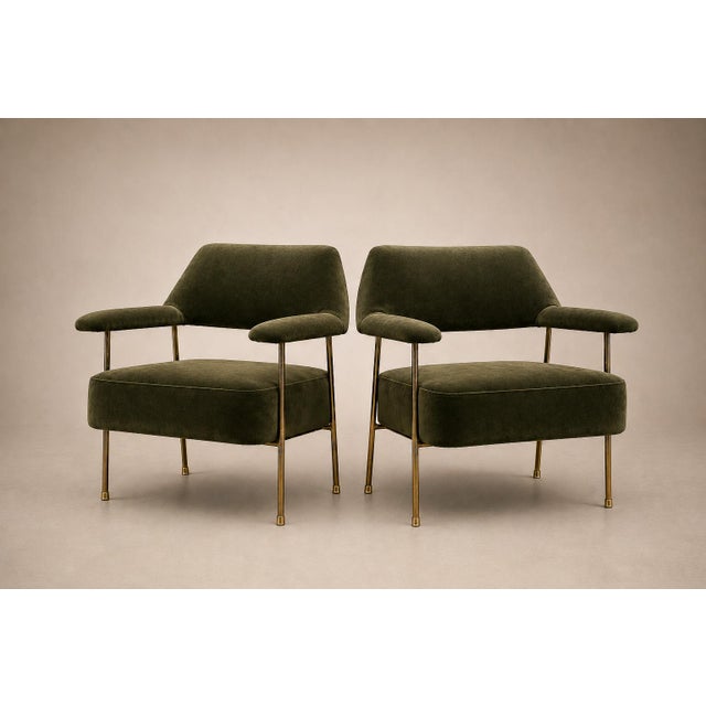 Brazilian Modern Pair of Armchairs in Aged Brass & Olive Green Mohair by Joaquim Tenreiro, 1950s For Sale - Image 4 of 17