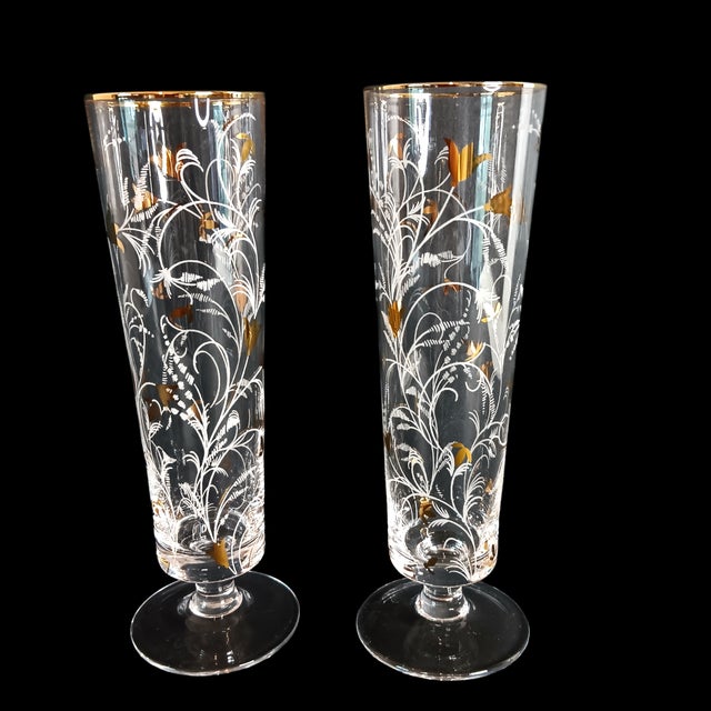 Pottery Barn Gold Scatter Champagne Flutes Set of Two Glasses - A Pair Gold rim with gold leaf motif artwork on glass 8...