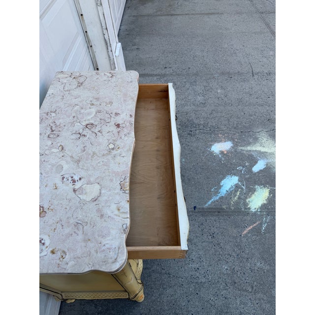 Vintage French Provincial Hand Painted Cane Door Cabinet With Marble Top For Sale - Image 9 of 11