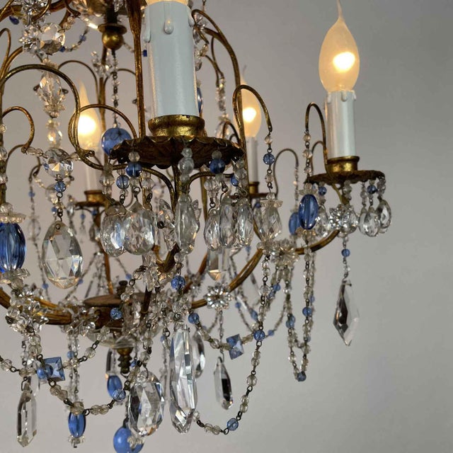 Chandelier in Golden Iron and Light Blue Crystals, 1950s For Sale - Image 10 of 14