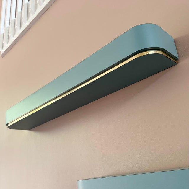 Postmodern Baby Blue Laminate Floating Sconce Shelves With Gold Accents - A Pair For Sale In West Palm - Image 6 of 9