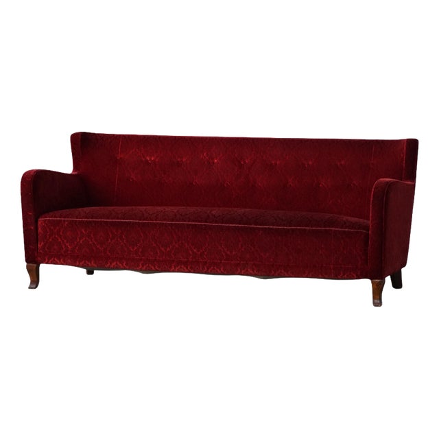 Danish Modern Red Velvet 3-Seater Sofa in the style of Fritz Hansen, 1940s For Sale