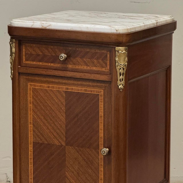 Wood Pair of Antique French Louis XVI Marquetry Marble Top Nightstands ~ End Tables For Sale - Image 7 of 18