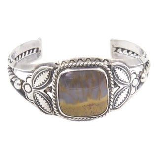 Native American Style Agate Silver Cuff Bracelet For Sale