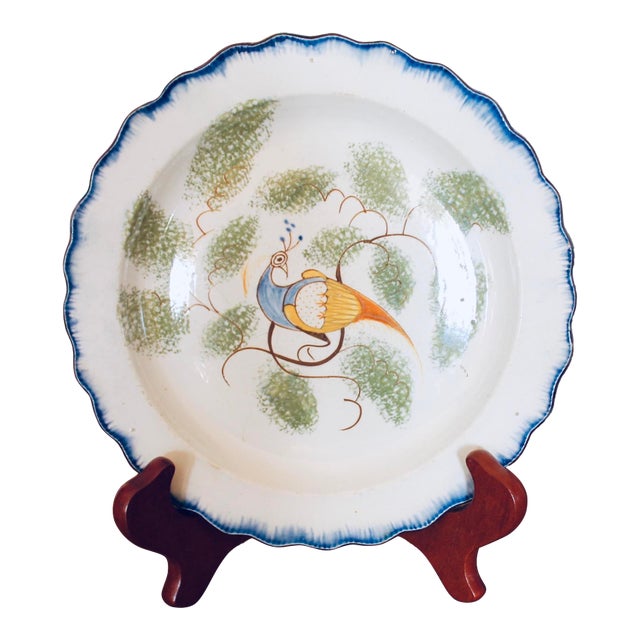 English Delftware Peacock and Spongeware Plate For Sale