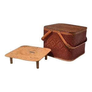 Redmon Woven Wicker Picnic Basket With Tabletop in Red and Brown