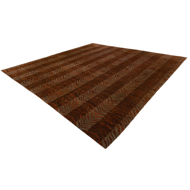 Modern Hand-Knotted Tibetan Wool & Silk Area Rug in Rust Terracotta & Espresso For Sale - Image 10 of 11