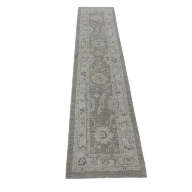 Textile Gray Handwoven Turkish Oushak Runner 2'8" X 12'7" For Sale - Image 7 of 8