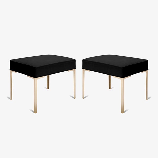 Mid-Century Modern Astor Brass Ottomans in Noir Ultrasuede by Montage, Pair For Sale - Image 3 of 6