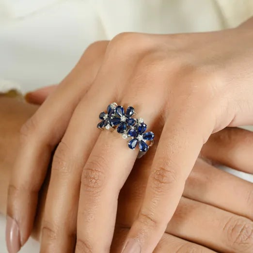 3.86 CTW Sapphire Diamond Floral Wedding Ring for Women in 18K Gold featuring natural sapphire of 3.86 carats and diamonds...