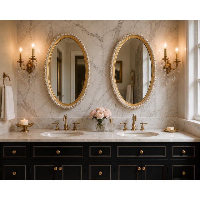 A striking pair of vintage matching recessed medicine cabinets manufactured by General Bathroom Mfg. Co. of Chicago,...