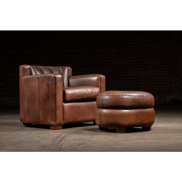 Vintage Leather Clamshell Club Chair and Ottoman Set For Sale - Image 4 of 10