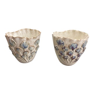 Pair of Vintage Italian Ceramic Art Pottery Vases With Relief Leaf Motif For Sale