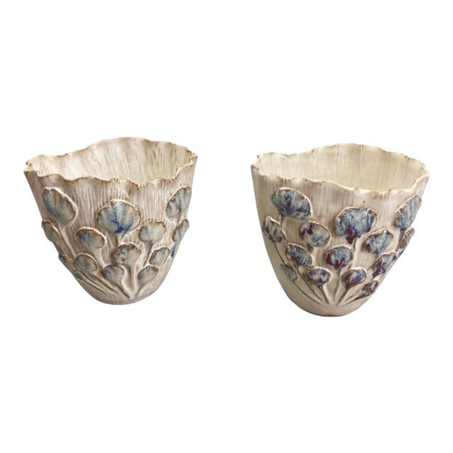 Pair of Vintage Italian Ceramic Art Pottery Vases With Relief Leaf Motif For Sale