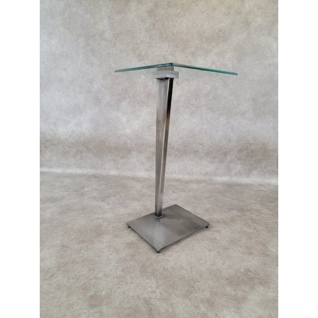 Vintage Modern Glass Top Metal Pedestal Base Pedestal Side Table For Sale - Image 4 of 5