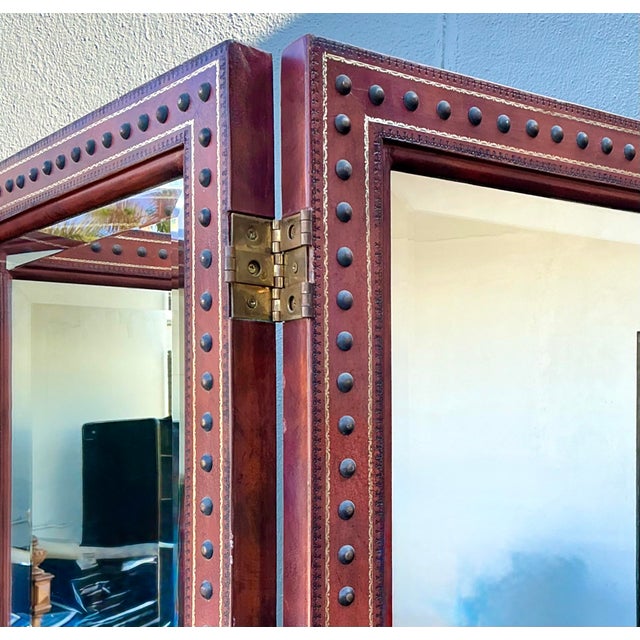 Late 20th Century Vintage Maitland Smith Nailhead Leather Screen For Sale - Image 5 of 12