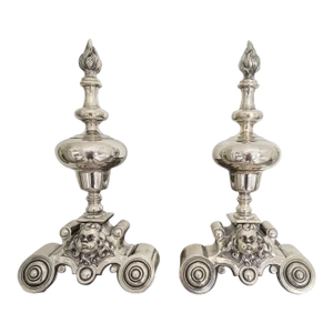 Italian Die-Cast Brass Andiron Set in Antique Silver Finish