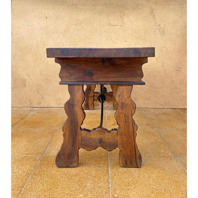 Low Rustic Oak Table with Drawers and Iron Stretcher, 1940 For Sale - Image 10 of 11