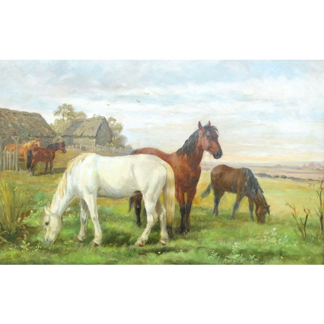 An English 19th-Century bucolic portrait study of several horses grazing in a meadow. This antique oil painting depicts...